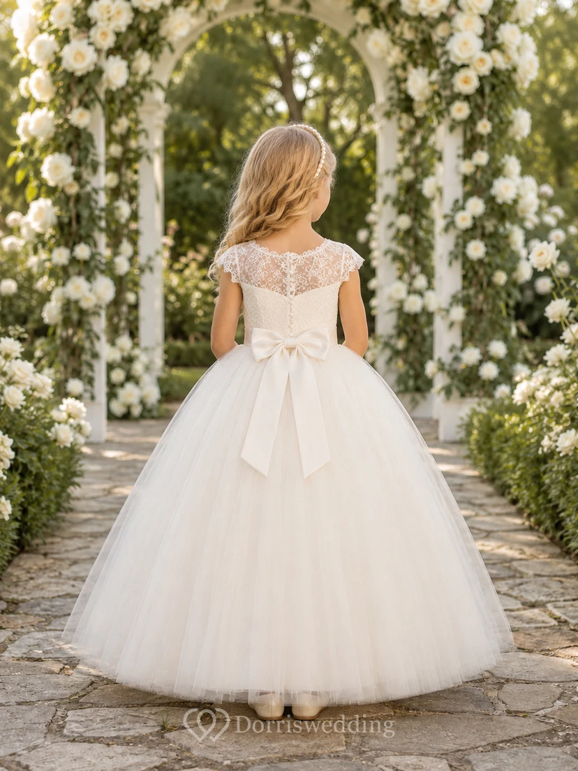 Flower Girl Dress Ivory Lace Tulle A-Line Short Sleeve Scoop Neck Tea Length view 2