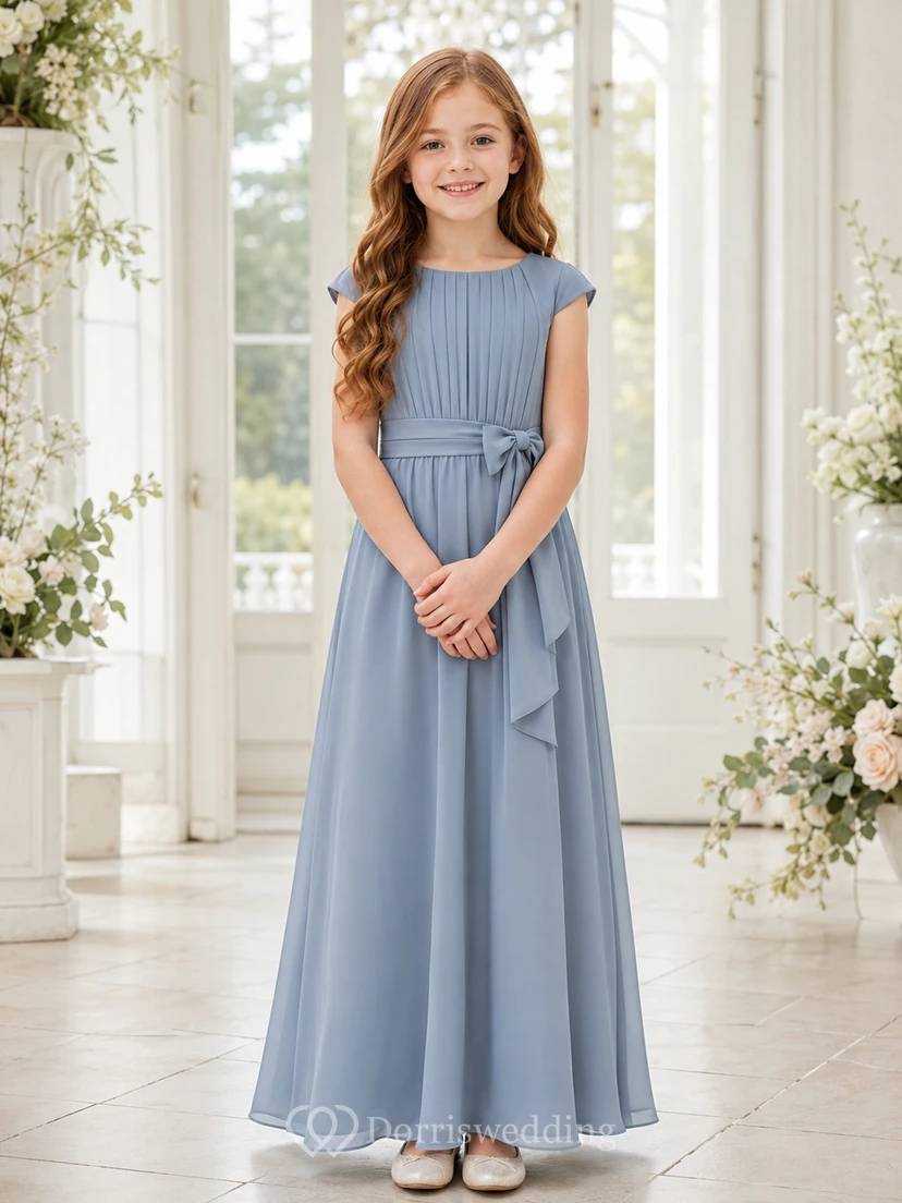 Blumenmädchenkleid, stahlblau, Chiffon, A-Linie, Rundhalsausschnitt, Teelänge