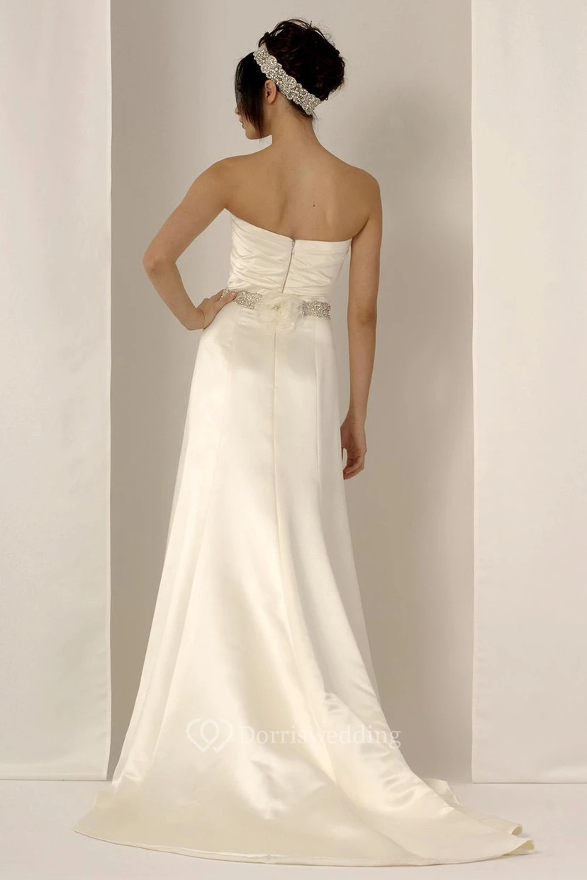 Sheath Long Strapless Satin Wedding Dress With Waist Jewellery And Zipper view 2
