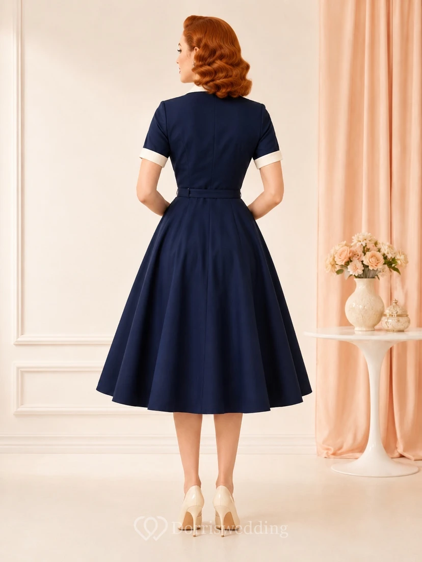 Robe-chemise vintage bleu marine foncé, col blanc, manches courtes et boutons, longueur thé view 2