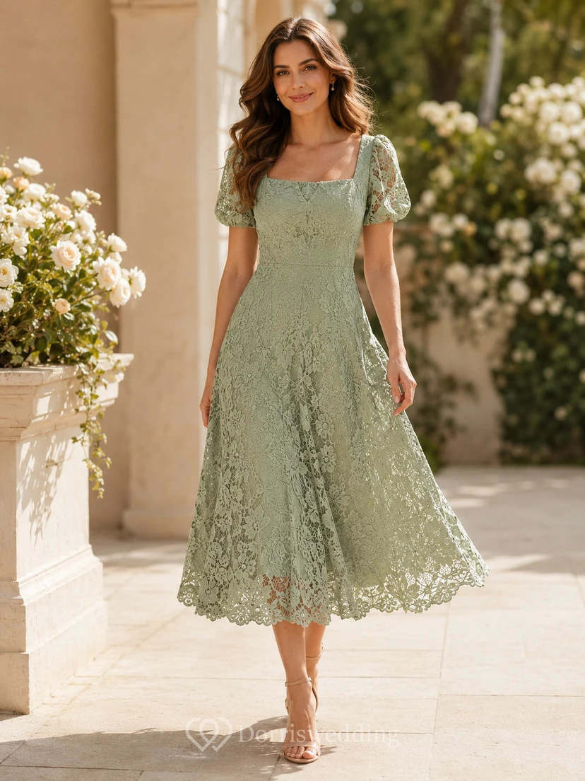 Vestido de encaje romántico de encaje, largo hasta la rodilla, cuello cuadrado, mangas abullonadas, para invitadas