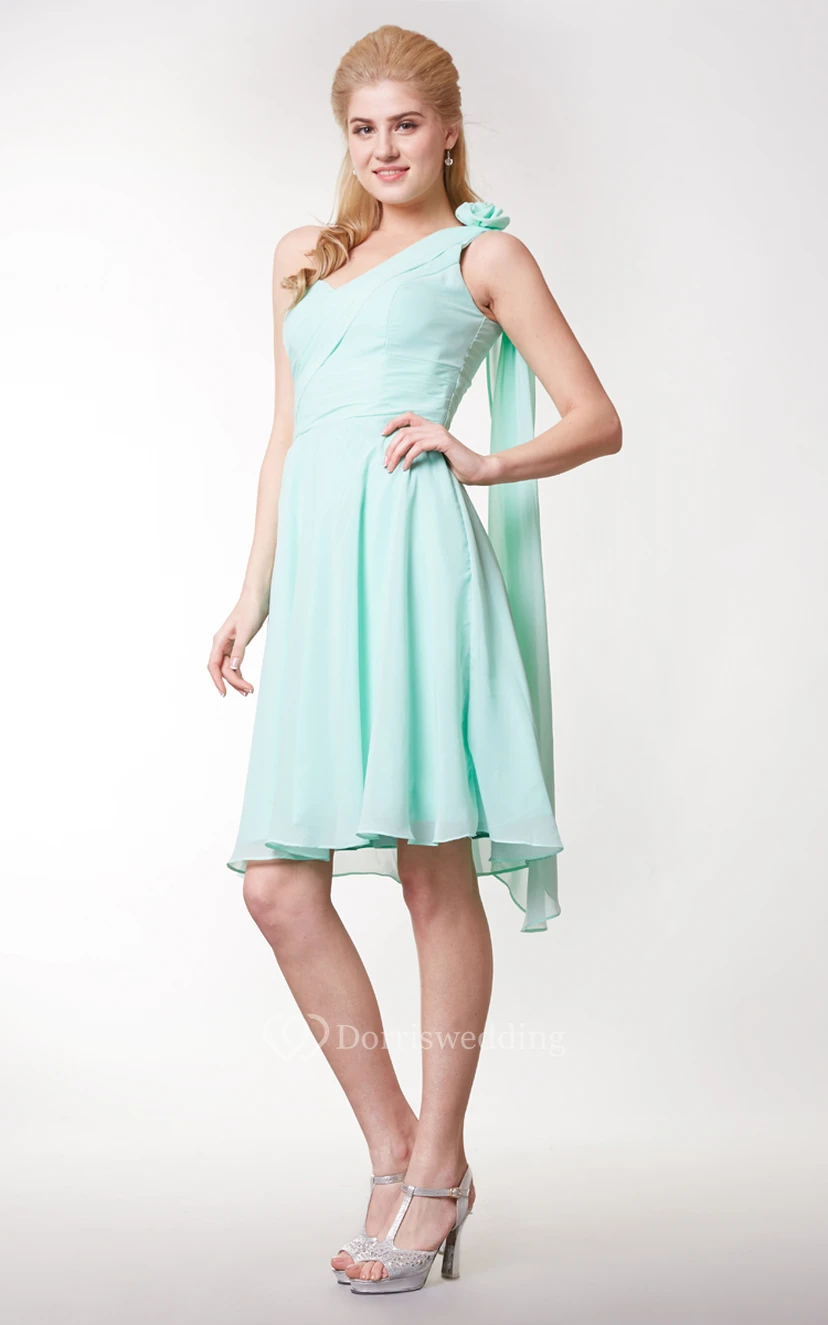 Floral One Shoulder Side Draped Knee Length Chiffon Dress view 3