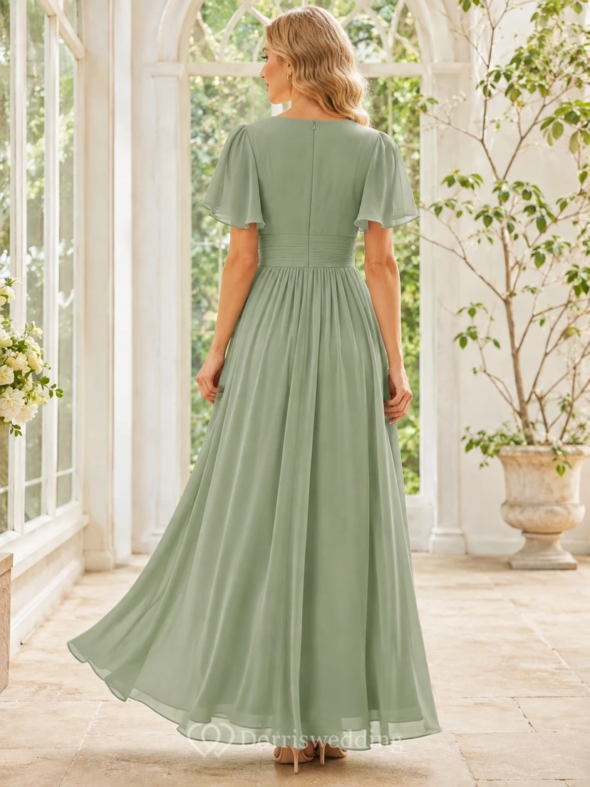 Elegantes, salbeigrünes A-Linien-Maxikleid aus Chiffon mit V-Ausschnitt und flatternden Ärmeln view 2