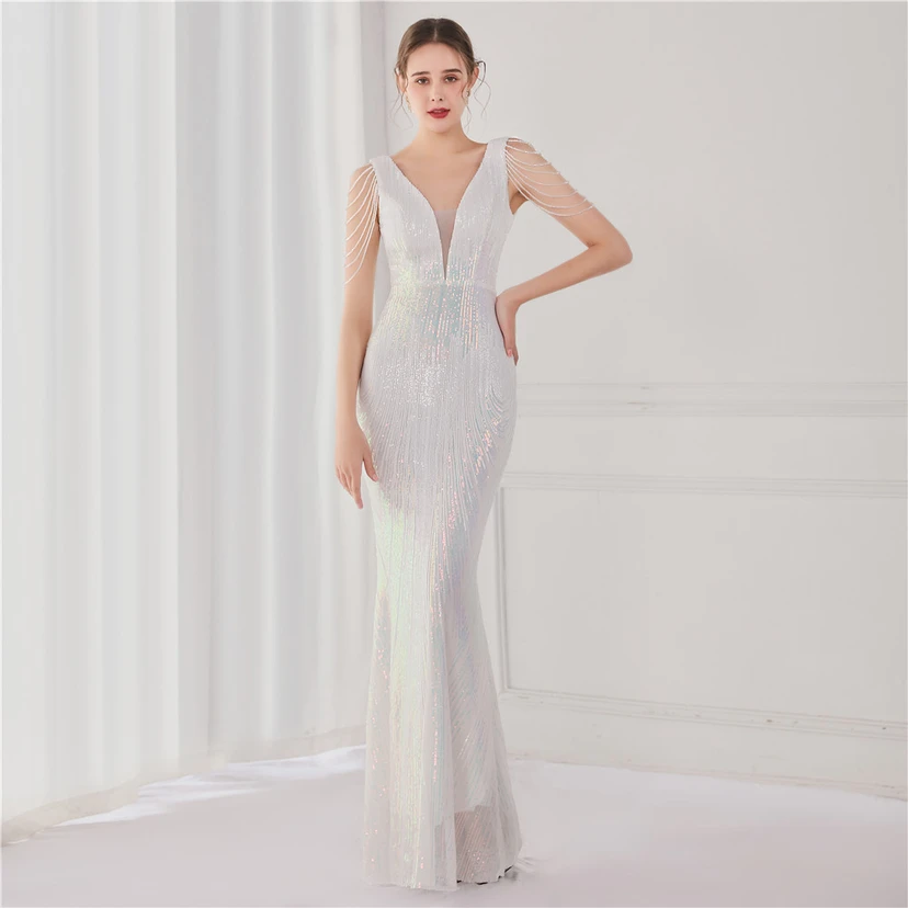 Vestido largo de lentejuelas con cola de pez, ideal para eventos, banquetes, eventos de celebridades y eventos de moda. Vestido de noche con etiqueta para modelos de automóviles. view 19
