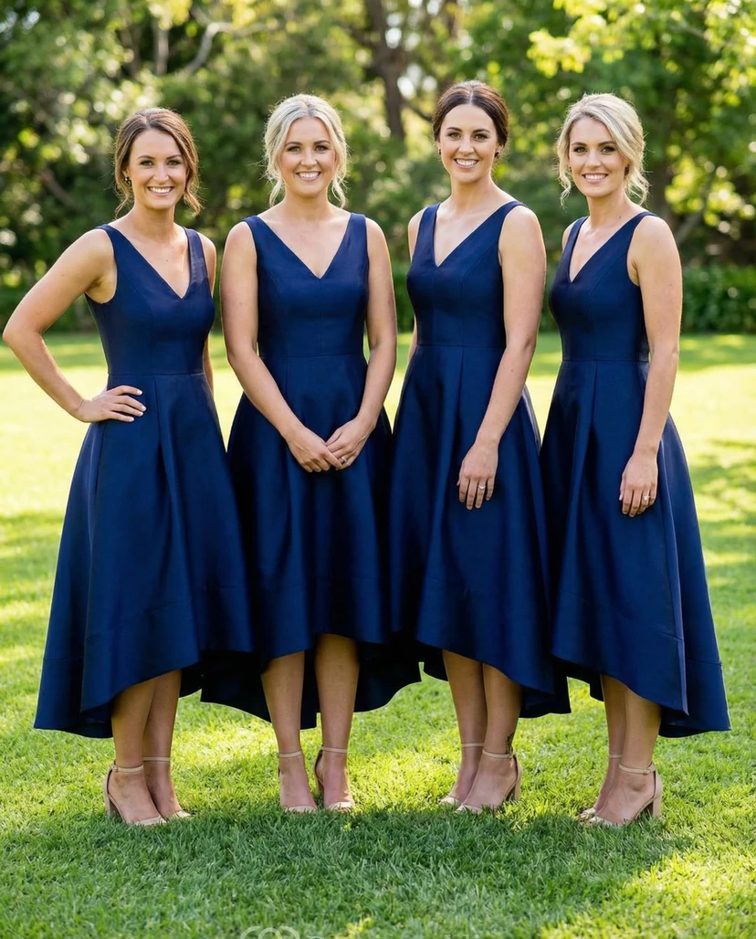 V-Neck Sleeveless Satin A-Line Tea-Length Gown
