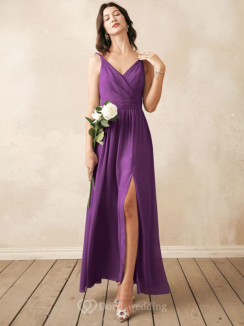 Romantic V-neck A Line Sleeveless Ankle-length Chiffon Bridesmaid Dress With Ruching view 6