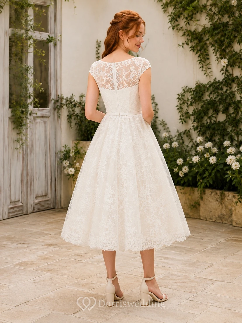 White Lace Scoop Neck Cap Sleeve A-Line Tea-length Romantic Elegant Garden Reception Dress view 2