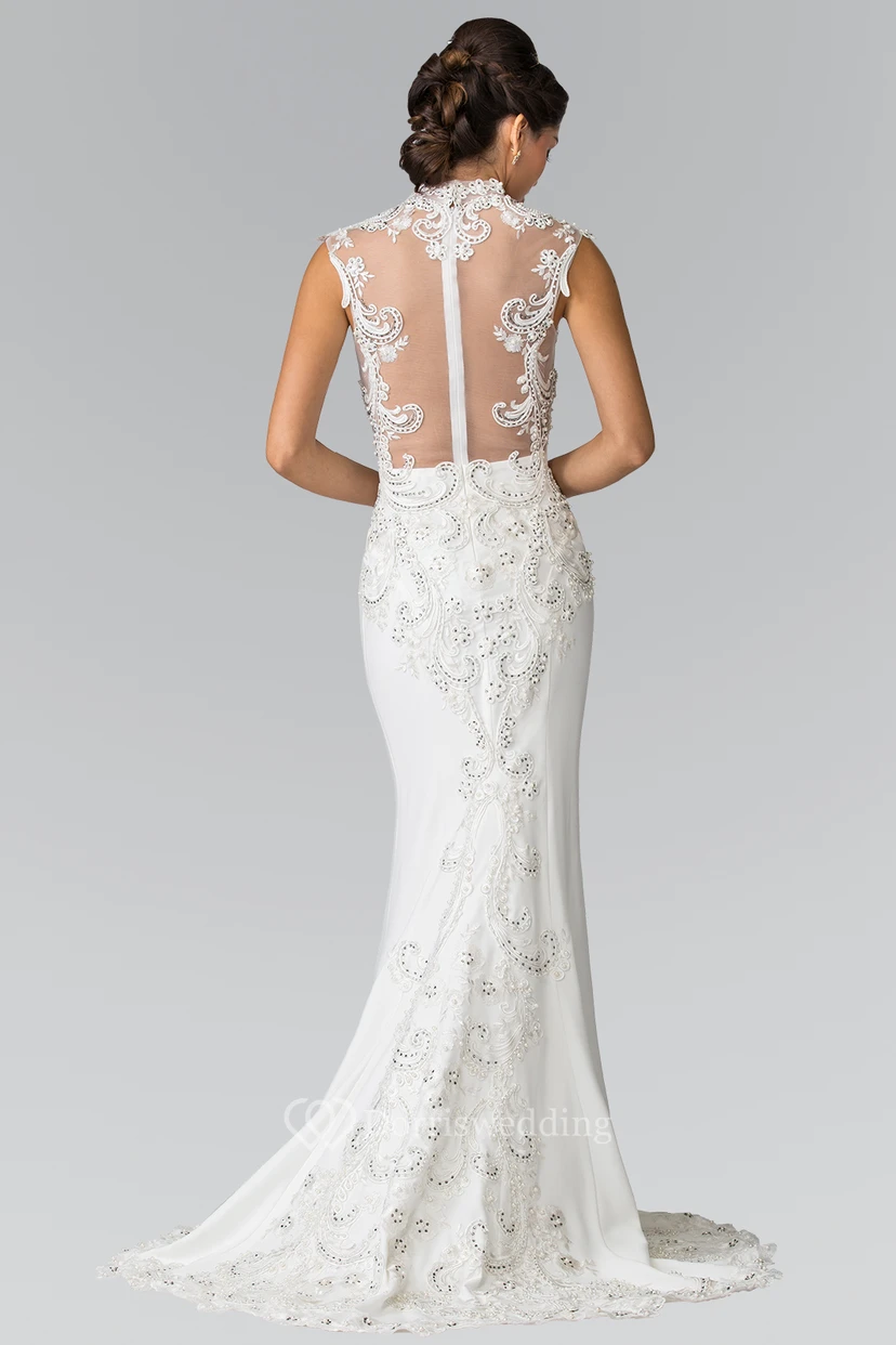 Sheath Floor-Length Cap-Sleeve Jersey Sweep Train Dress With Appliques view 2
