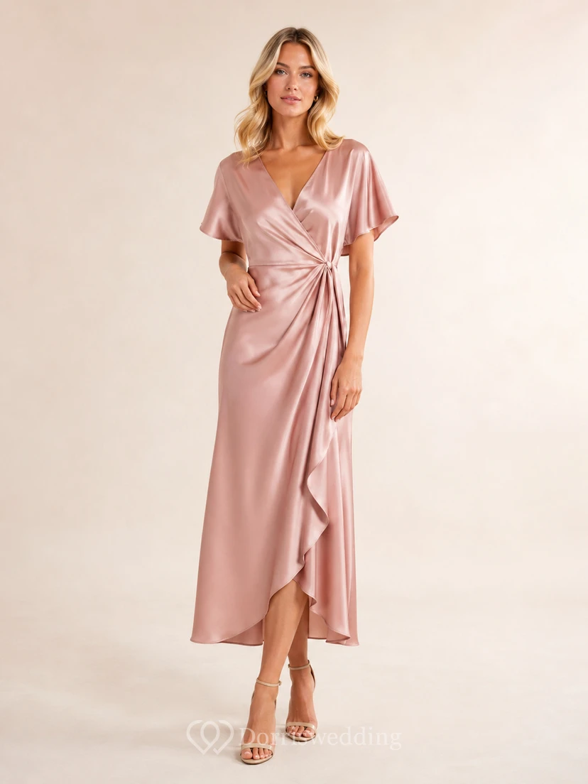 Rosafarbenes Satin-Wickelkleid mit flatternden Ärmeln und Rüschen, Midi-Länge, für besondere Anlässe