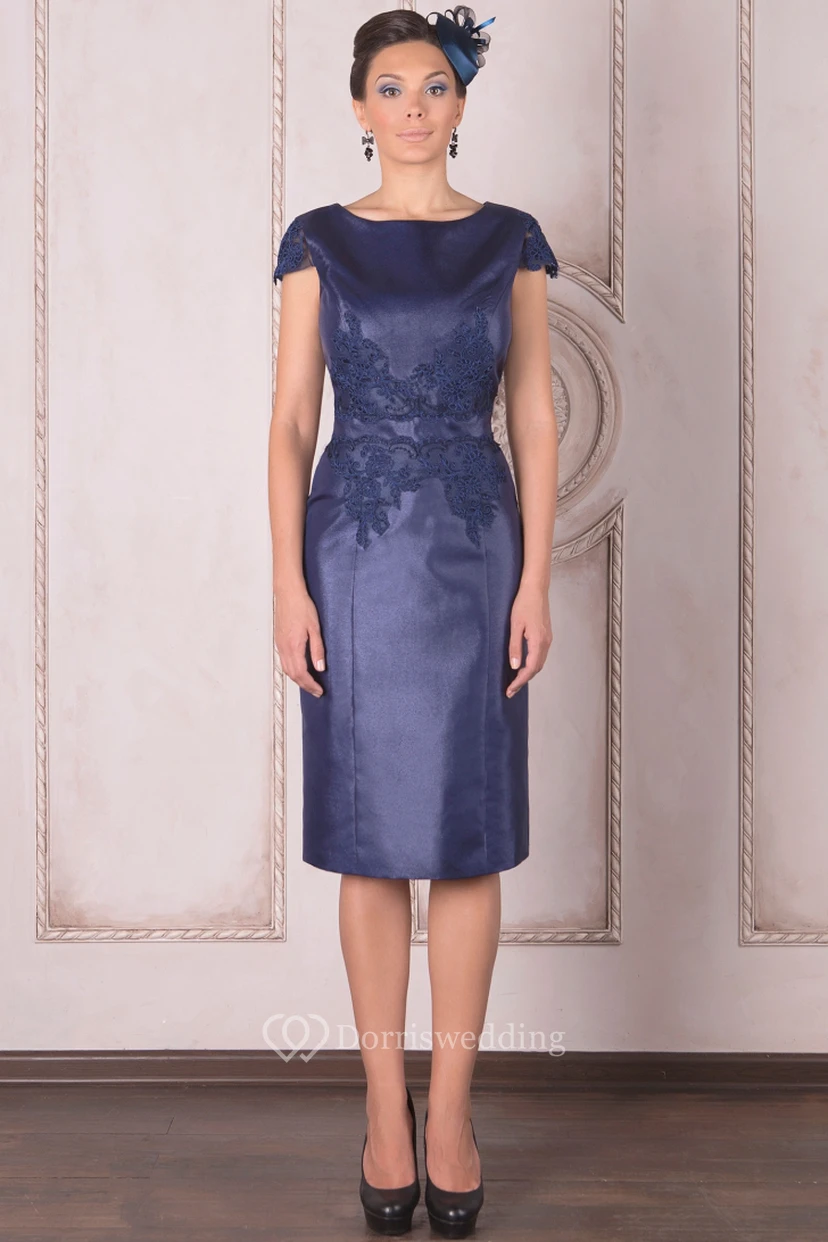 Knee-Length Pencil Cap Sleeve Appliqued Bateau Neck Satin Mother Of The Bride Dress