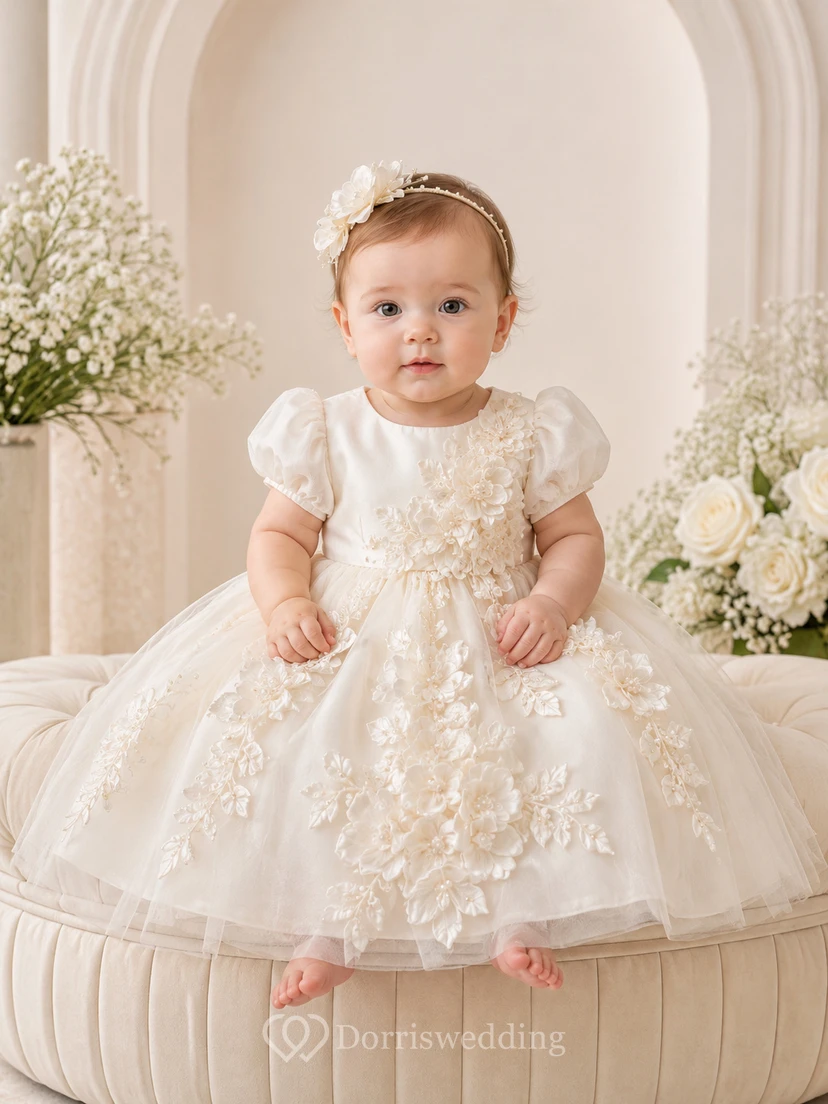 Baby Baptism Christening Ceremony Dress A-Line Knee-Length Jewel Neck Puff Sleeve Tulle Lace 3D Flower Floral Detail Floral Applique Button Back