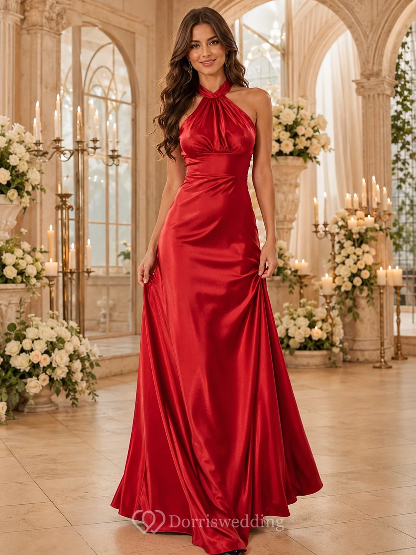 Vestido de fiesta de aniversario de satén rojo con escote halter y corte en A