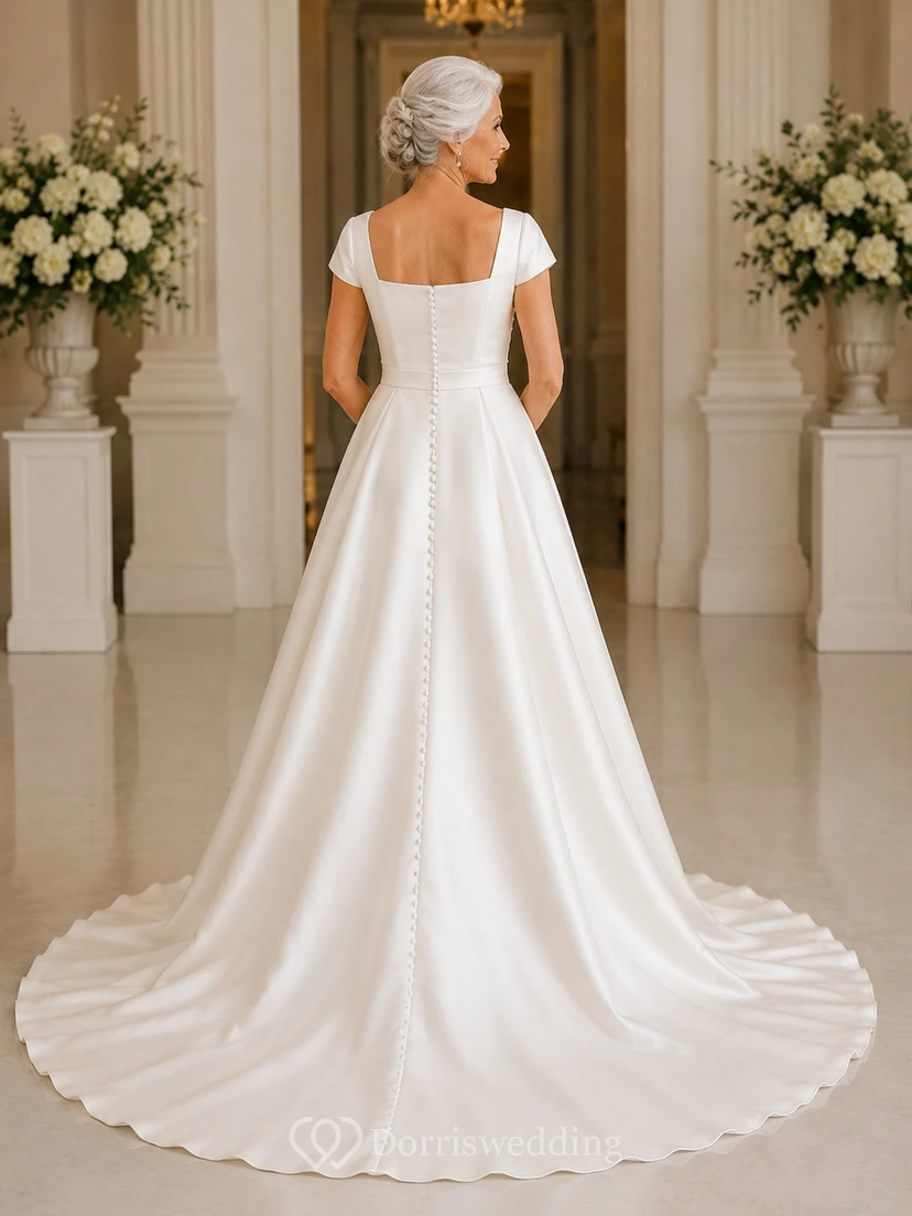Square Neck Satin A-Line Older Brides Wedding Dress with Chapel Train view 2