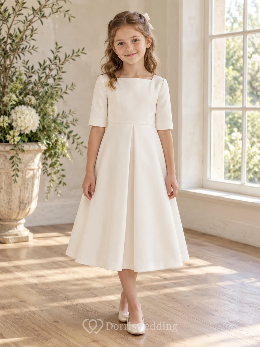 Simple Modest Square Neck Ivory Tea-length Elbow Sleeve Broad Center Pleat Flower Girl Dress view 2