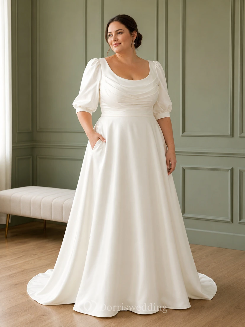 Robe de mariée en satin à col rond et manches bouffantes courtes, grande taille, abordable