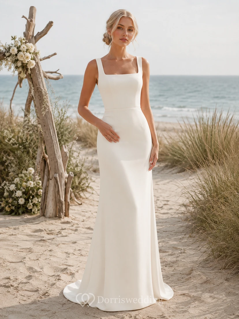 Affordable Square Strap Crepe Sheath Beach Wedding Dress