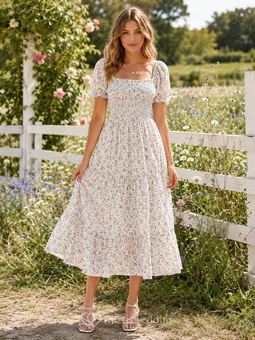 Robe de campagne ivoire à imprimé floral, manches bouffantes, coupe trapèze, col carré, longueur thé