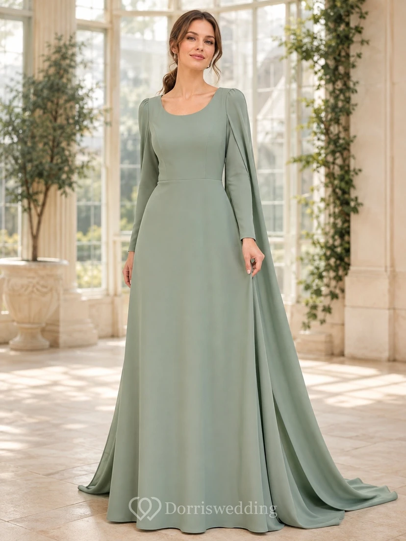 Vestido de novia sencillo de corte A con escote redondo y mangas largas