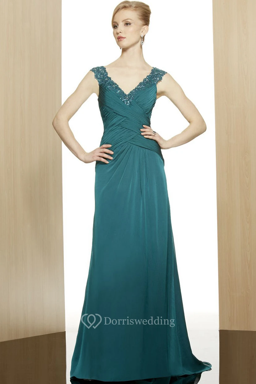 A-Linien-Kleid aus Chiffon mit V-Ausschnitt, Pailletten, ärmellos, lang, elegant, mit tiefem V-Ausschnitt am Rücken und Raffungen