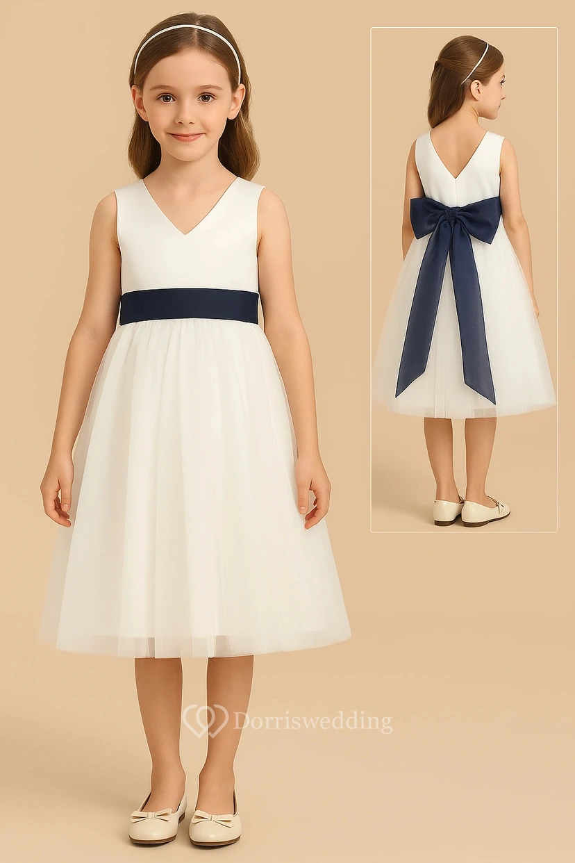 Simple White V-neck Sleeveless Knee-length Flowergirl Dress