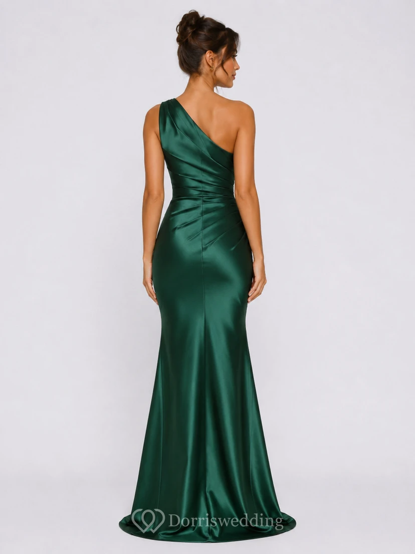 Mermaid Satin Evening Dress with One-Shoulder, Sleeveless and Ruching Split Front, Floor Length view 2