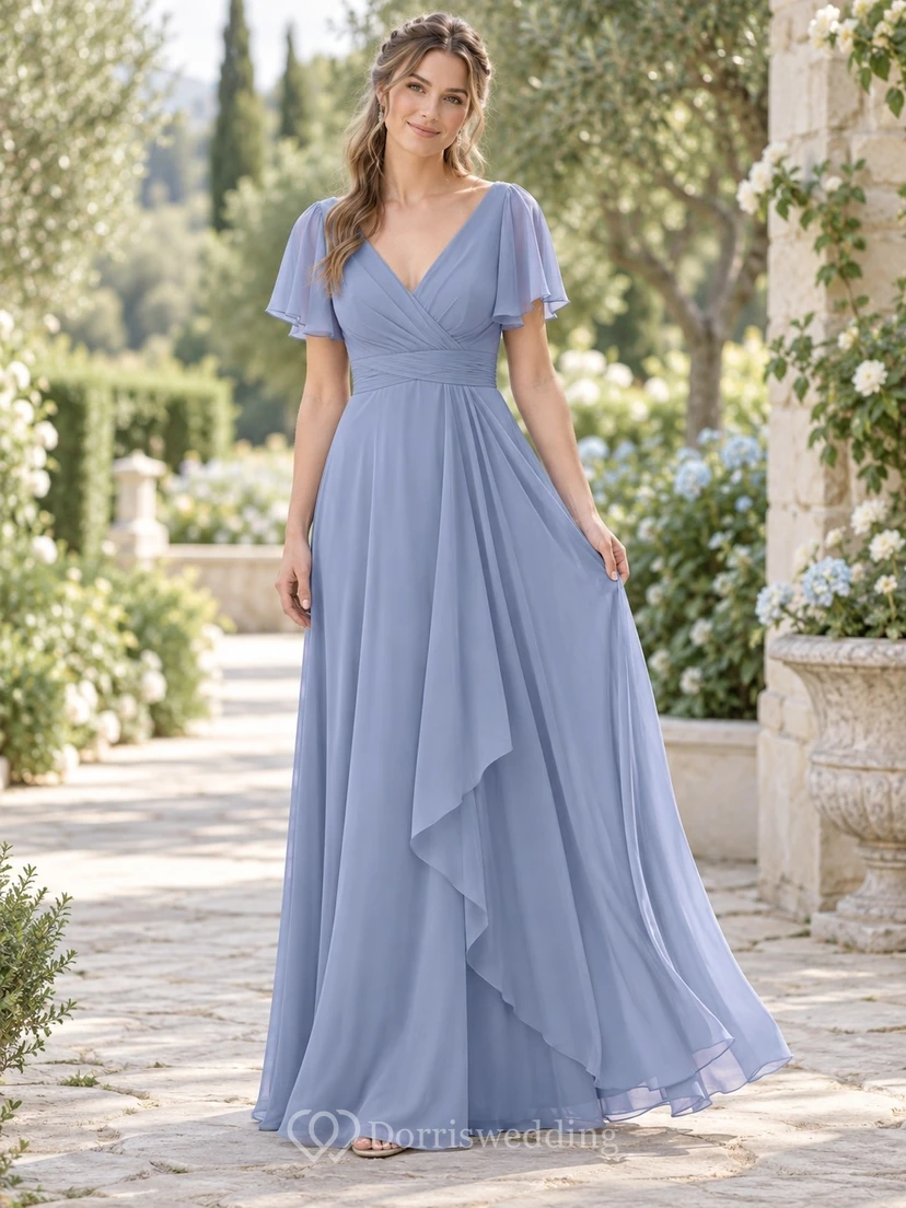 Vestido de dama de honor largo hasta el suelo, romántico, de gasa color bígaro con mangas cruzadas y volantes en cascada.