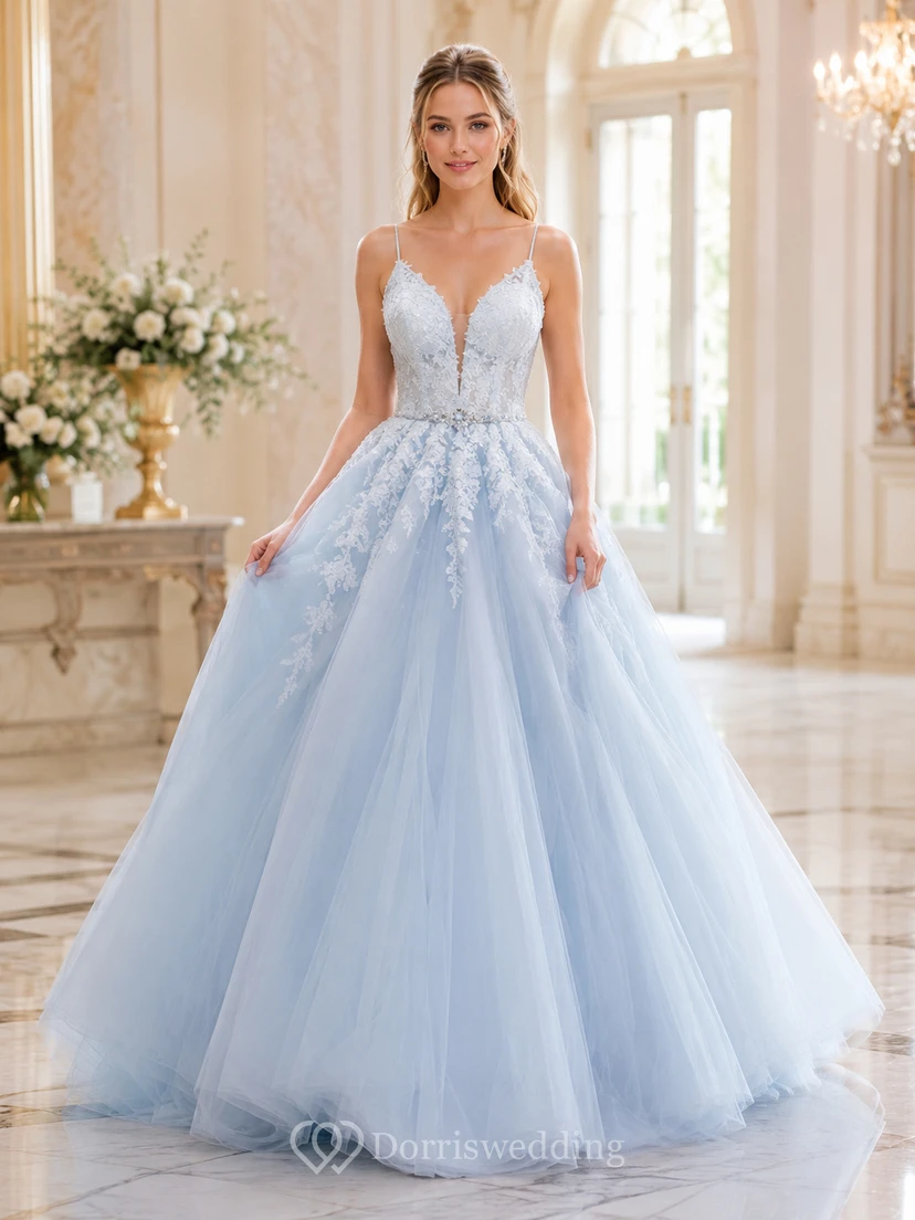 Himmelblaues, tief ausgeschnittenes V-förmiges Spitzenkorsett-Tüll-Ballkleid Hochzeitskleid