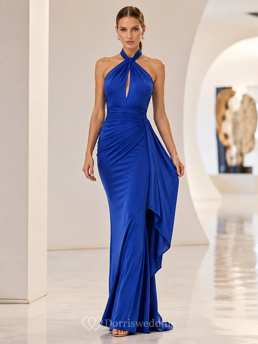 Robe de soirée bleu roi dos nu à décolleté en V drapé et fourreau