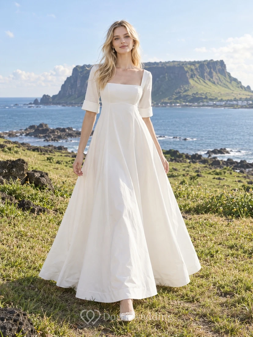 Einfaches Brautkleid mit eckigem Ausschnitt, halben Ärmeln, A-Linie und Knöchellänge