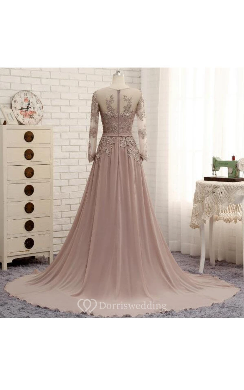 A-line Scoop Neck Long Sleeved Appliqued Chiffon Dress view 2