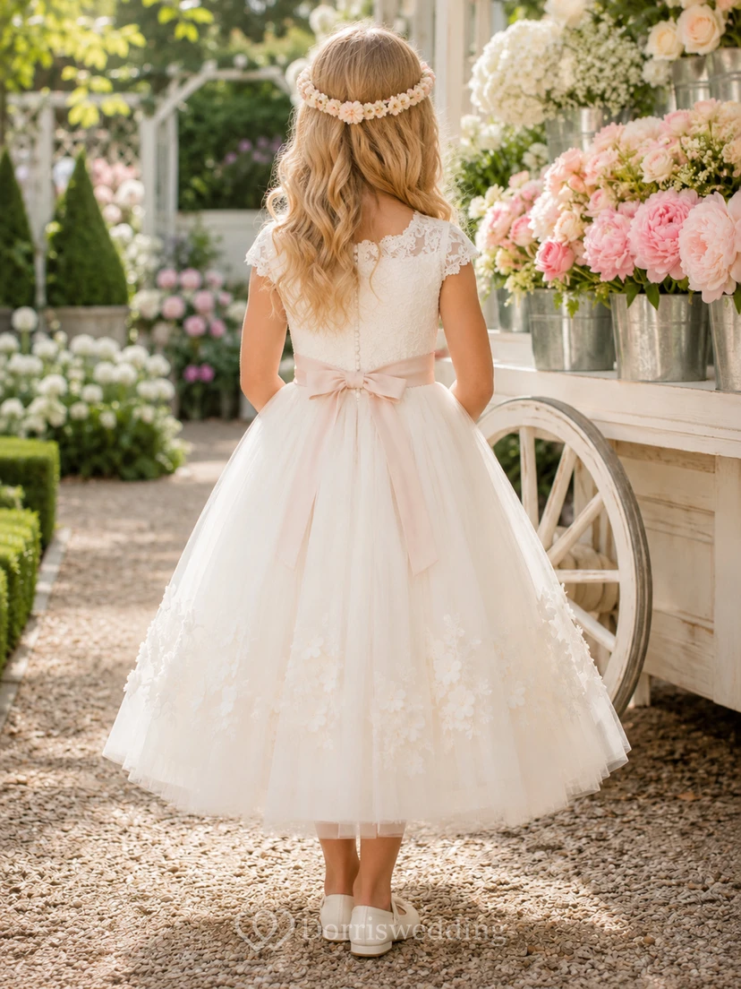 Flower Girl Dress A-Line Cream Floral Lace Tulle Cap Sleeve Garden view 2