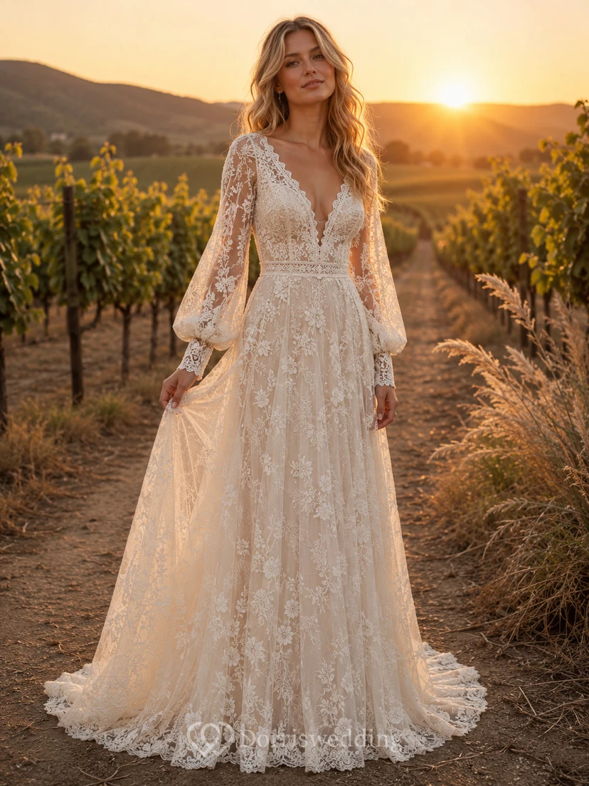 Brautkleid mit tiefem Poetenärmeln und A-Linien-Verzierung aus Weinbergsspitze