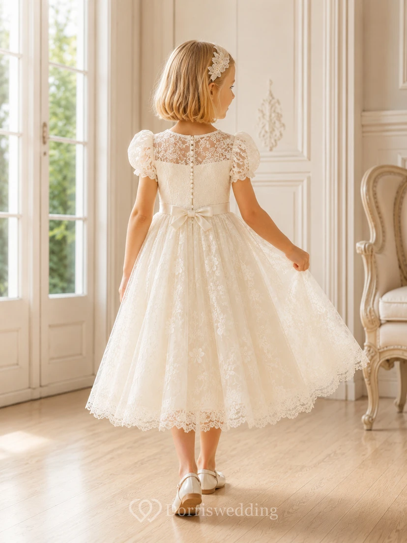 Blumenmädchenkleid aus elfenbeinfarbener Spitze, A-Linie, Puffärmel, Rundhalsausschnitt, Teelänge view 2