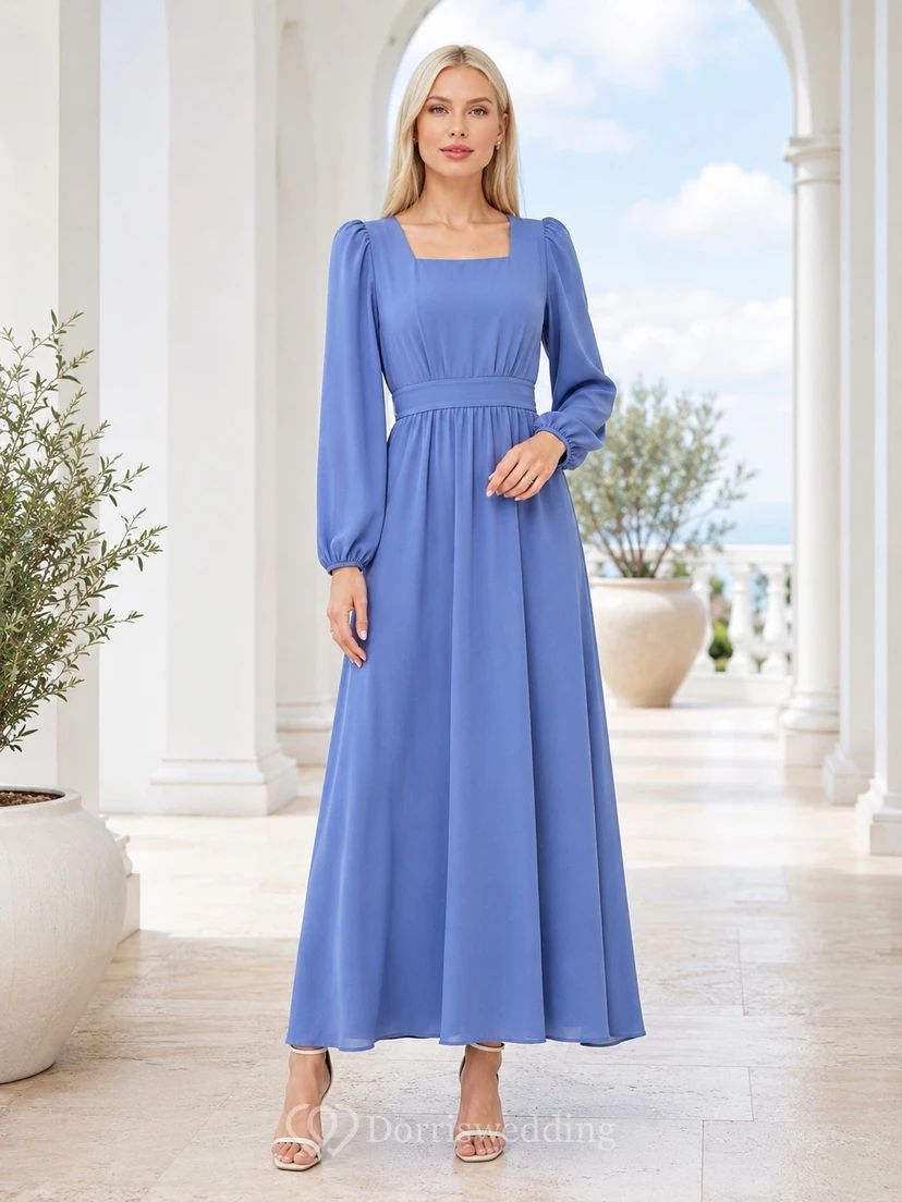 Modest Ocean Blue Square Neck Long Sleeve Chiffon Empire Floor-Length A-Line Dress