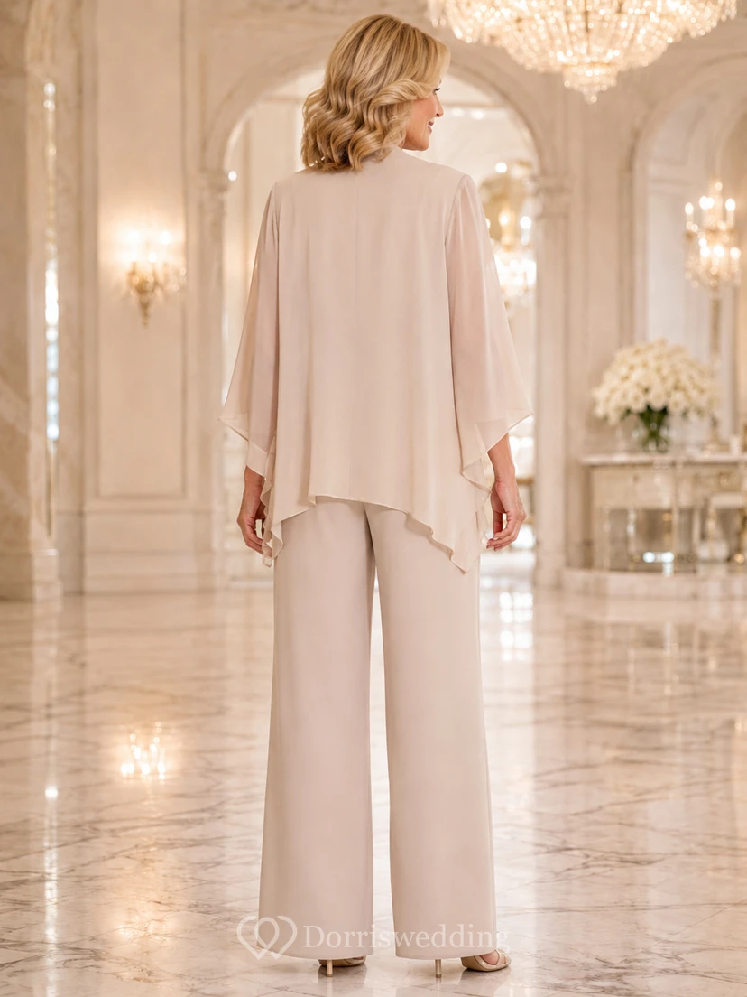 Champagne Mother Pantsuit with V Neck Chiffon Jacket and Wide Leg Pants view 2