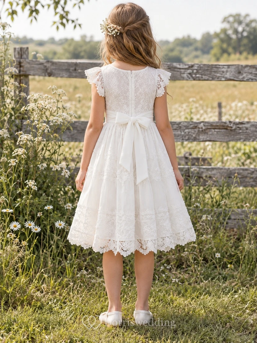 Landhaus-Kleid in Elfenbein, knielang, mit kurzen Ärmeln und Schleife, Blumenmädchenkleid view 2