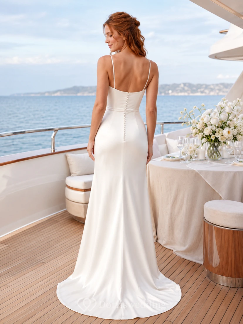 Beach Satin Wedding Dress Mermaid Square Neck Sleeveless Sweep Train Bridal Gown view 2