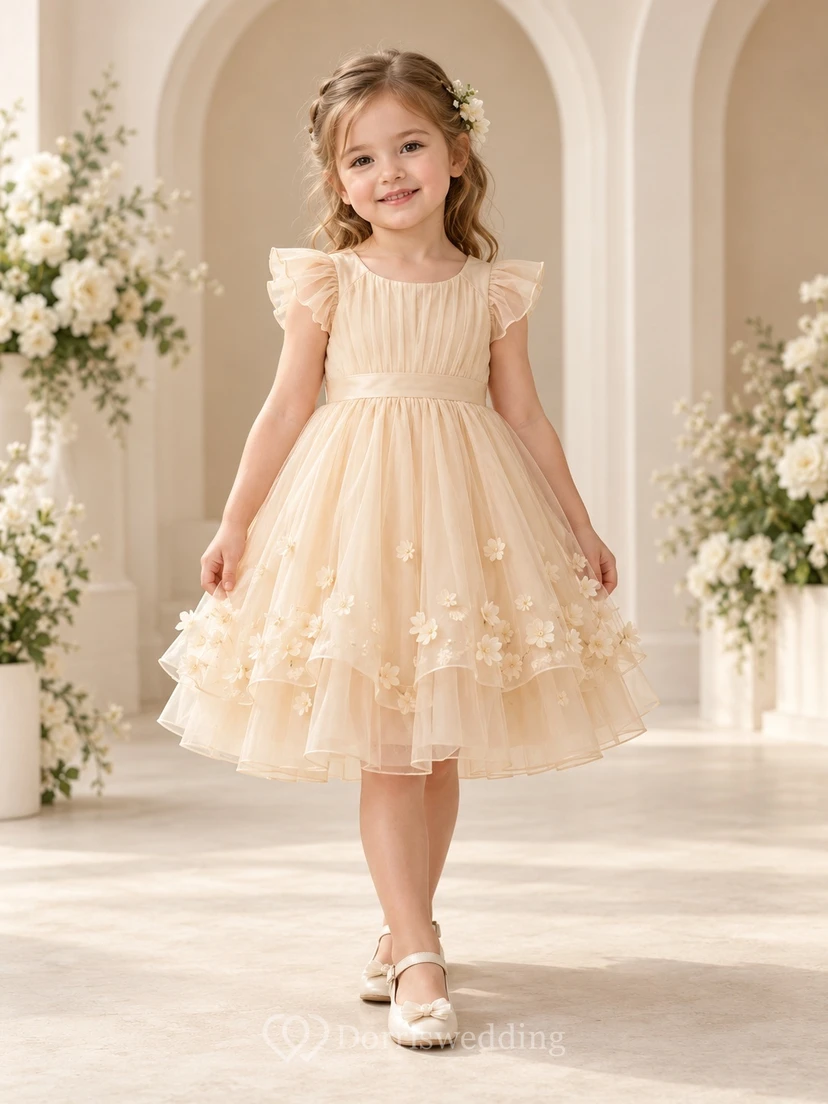 Tea-length Champagne A-line Floral Tulle Flutter-sleeve Ruched Tiered Flower Girl Dress