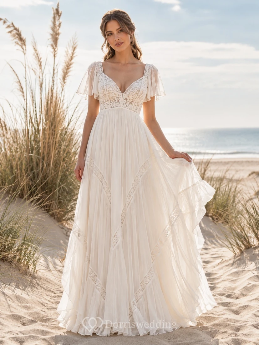 V-Neck Short Sleeve Lace A-Line Floor-length Sweep Train Bohemian Bridal Dress