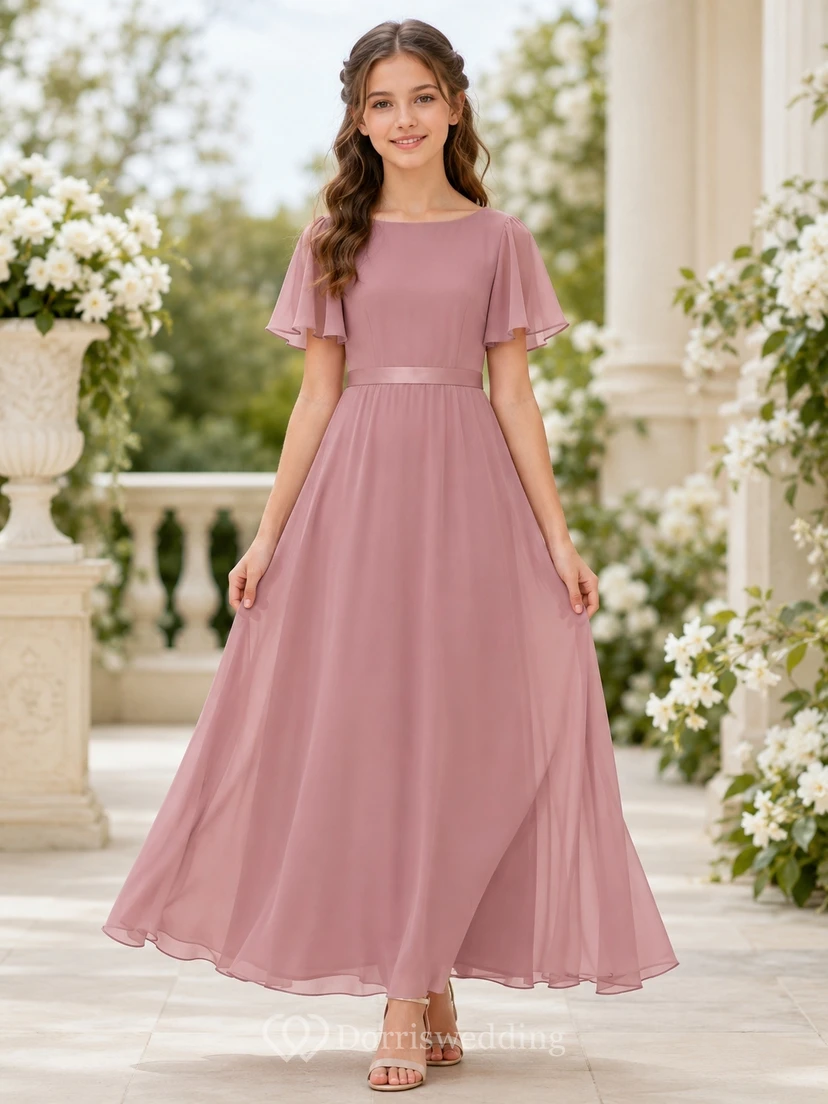 Schlichtes, altrosafarbenes Chiffonkleid mit Glockenärmeln, A-Linien-Ausschnitt und Teelänge für junge Brautjungfern