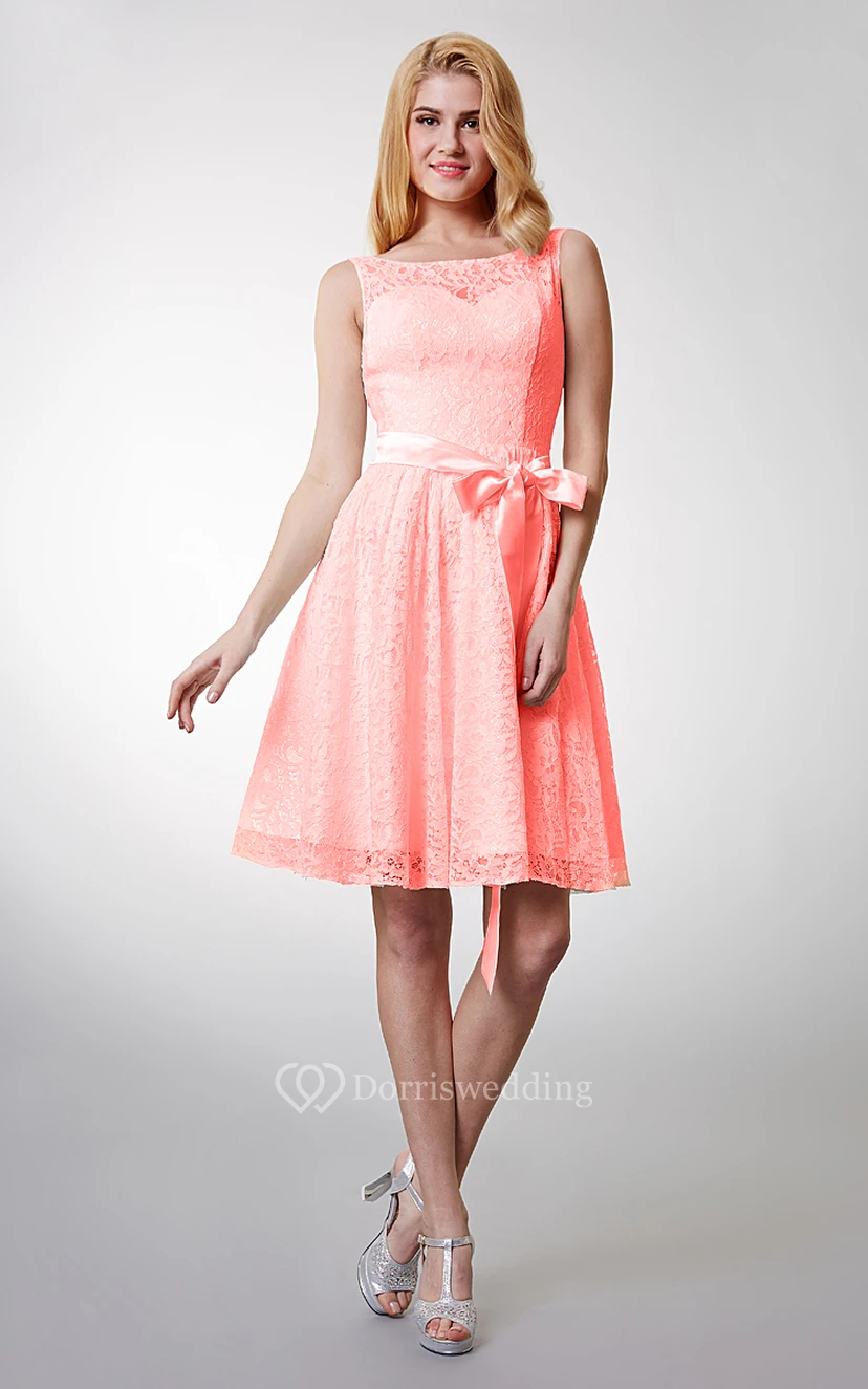 Lovely Sleeveless Short Lace Dress With Bow Sash view 5