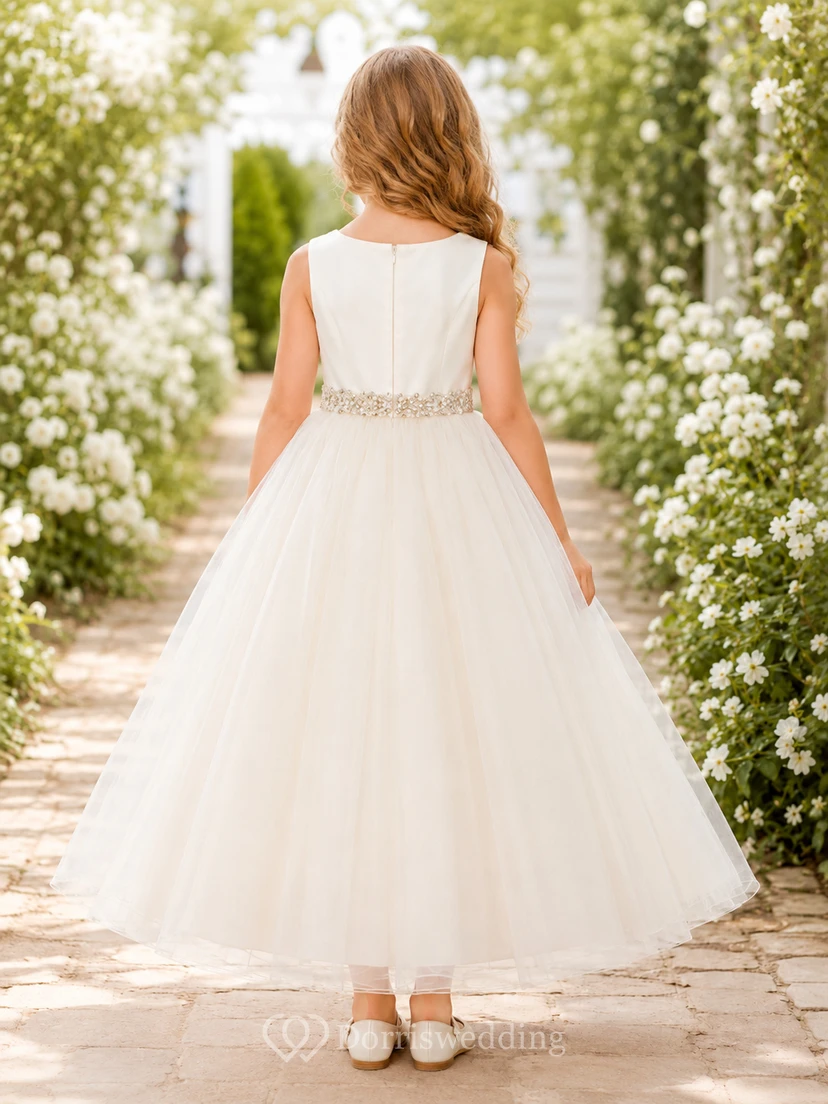 Satin Bodice Tulle A-Line Flower Girl Dress with Jewel Neck, Tea-Length Skirt and Sash Detail view 2