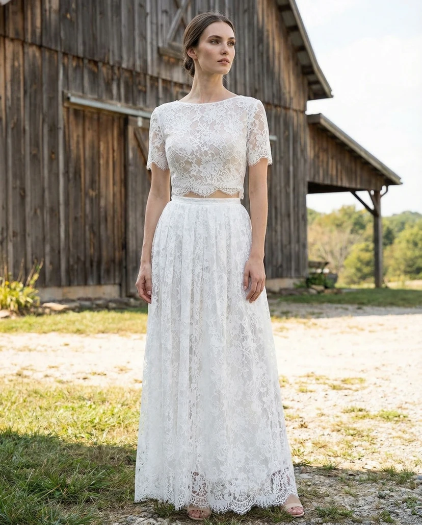 Jewel Neck T-Shirt Sleeve Lace Wedding Dress