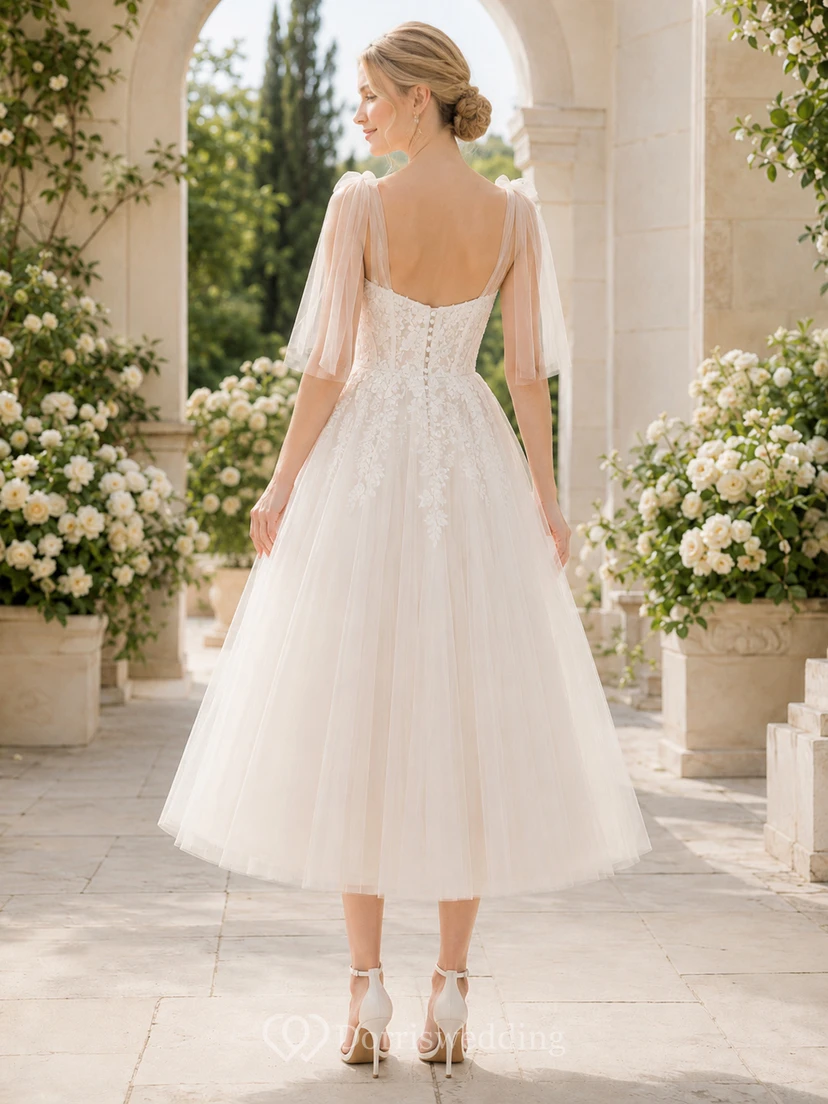 Romantic Tea-Length Sweetheart Tulle Cape Sleeve Elegant Adorable Wedding Dress view 2