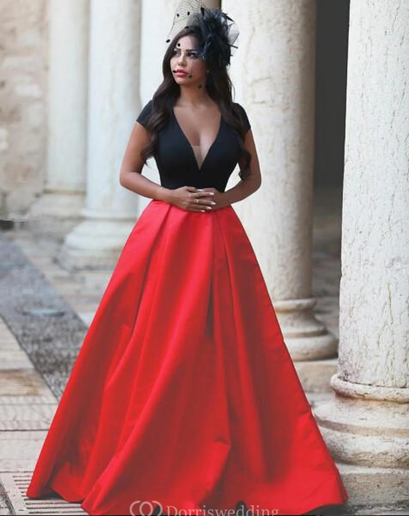 Sexy Balack and Red Short Sleeve Evening Dresses Taffeta A-Line Evening Party Gown