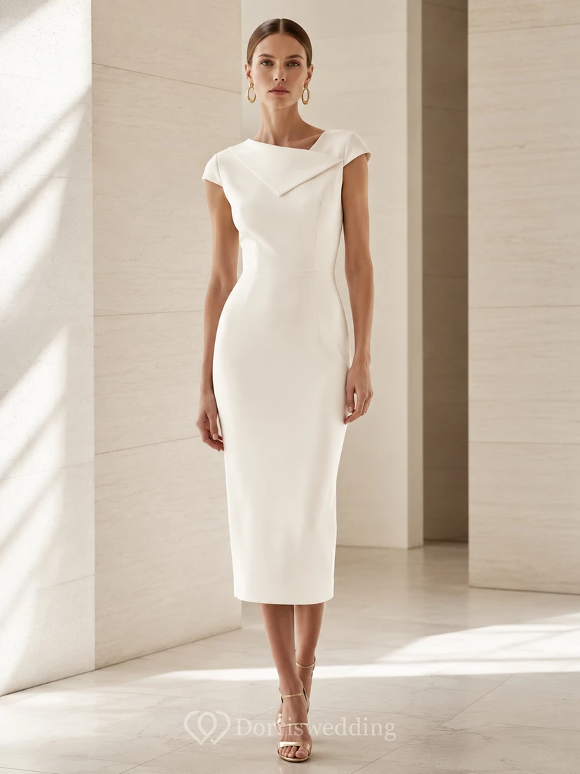 Simple Bateau Neck Cap Sleeve Sheath Tea Length Wedding Dress