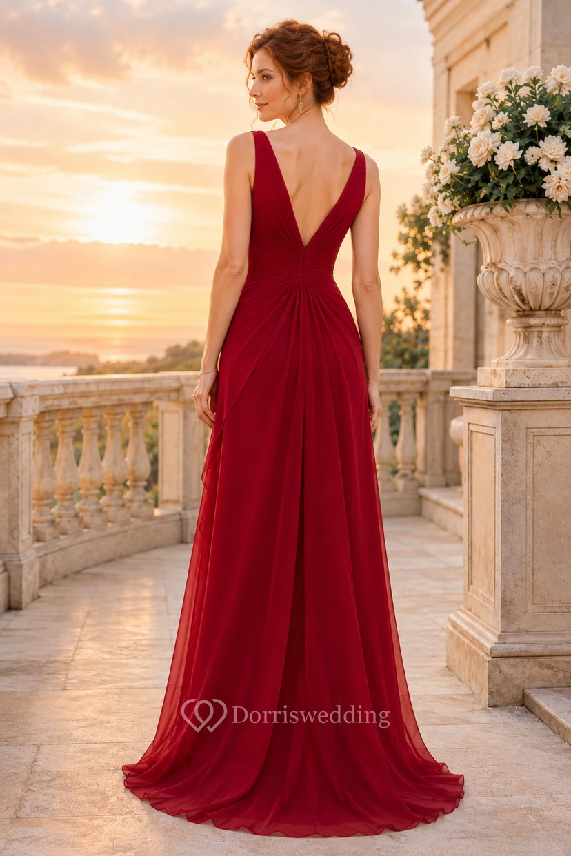 Evening Gown Red Chiffon A-Line V-Neck Sleeveless Sweep Train view 2