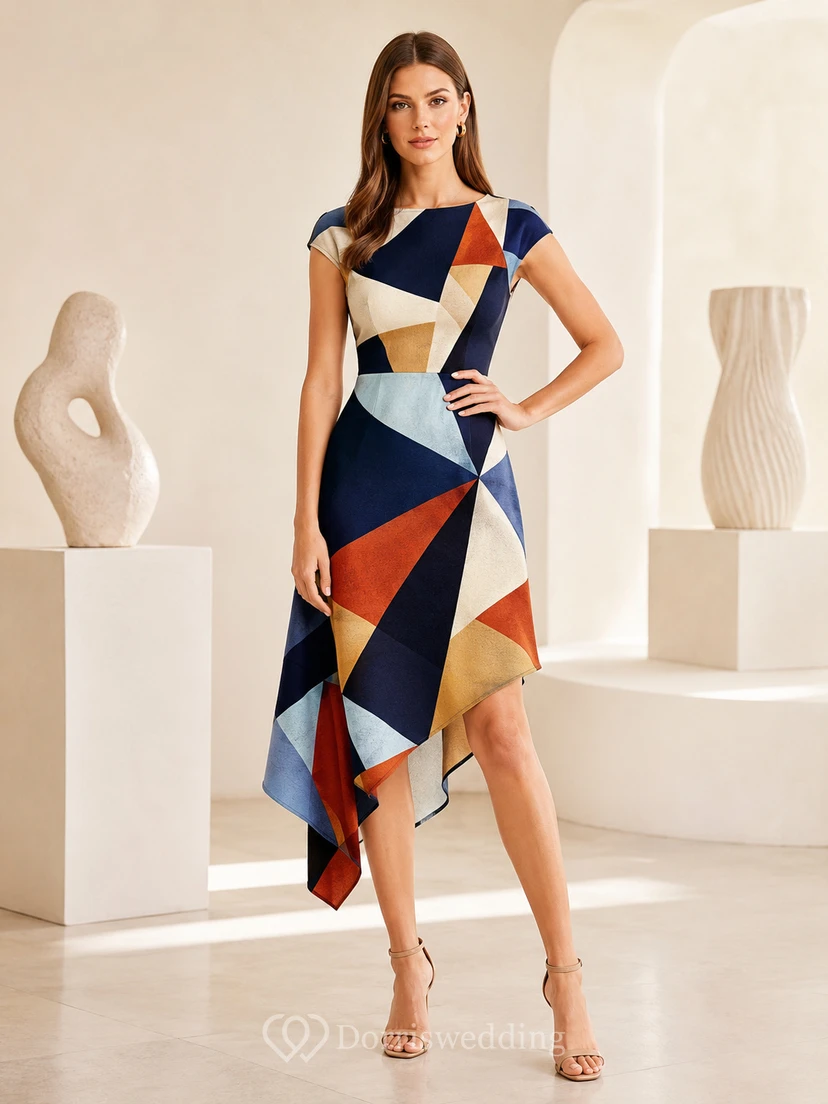 Modern Art One Sleeve Asymmetric Satin Midi Cocktail Dress