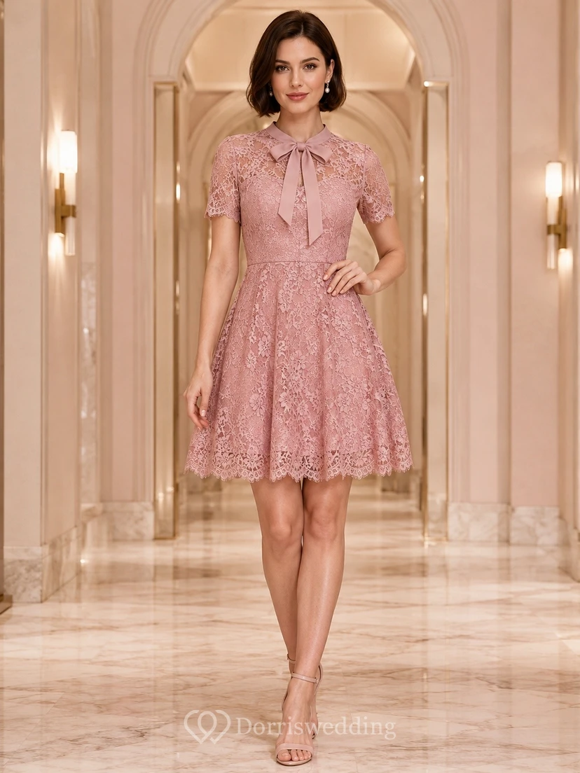 Dusty Rose Lace Bow Neck Cap Sleeve Short A-Line Dress