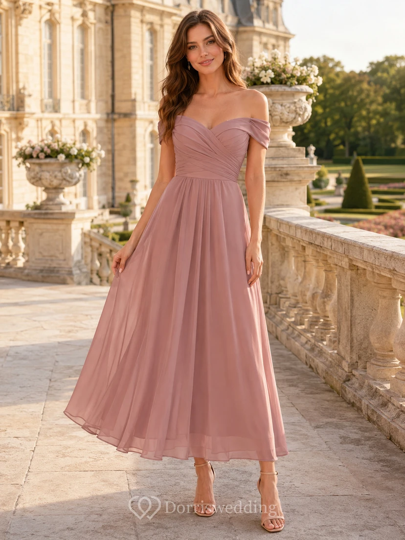 Vintage Dusty Rose schulterfreies Tüll-A-Linien-Kleid in Teelänge mit Falten